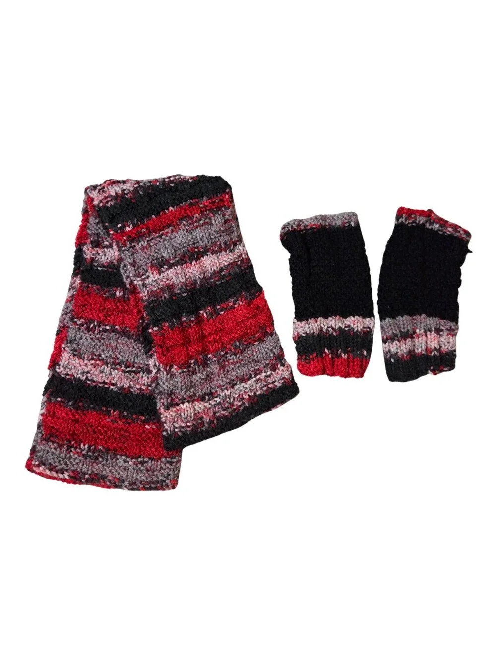 Handmade Knit Set Scarf Arm Warmers Black Red Fingerless Whimsigoth Punk Grunge